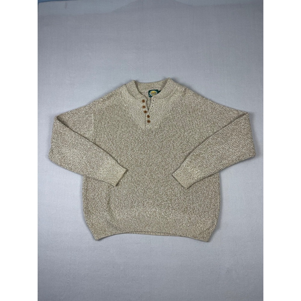 Vtg Cabelas Henley Fisherman Sweater Mens XL Brown 1/4 Button Up Long Sleeve‎